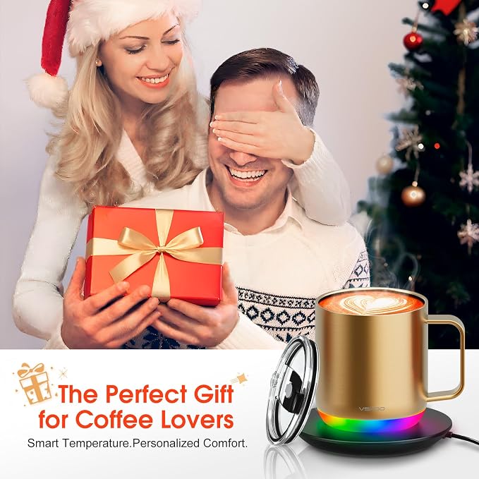Vsitoo S6 Plus 12oz Smart Self Heating Coffee Mug, AI Auto-Sensing Heated Espresso Mug Temp Control 120-150℉, Rechargeable Mug Warmer with Music LED, IPX7 Gift for Women Men- Gold