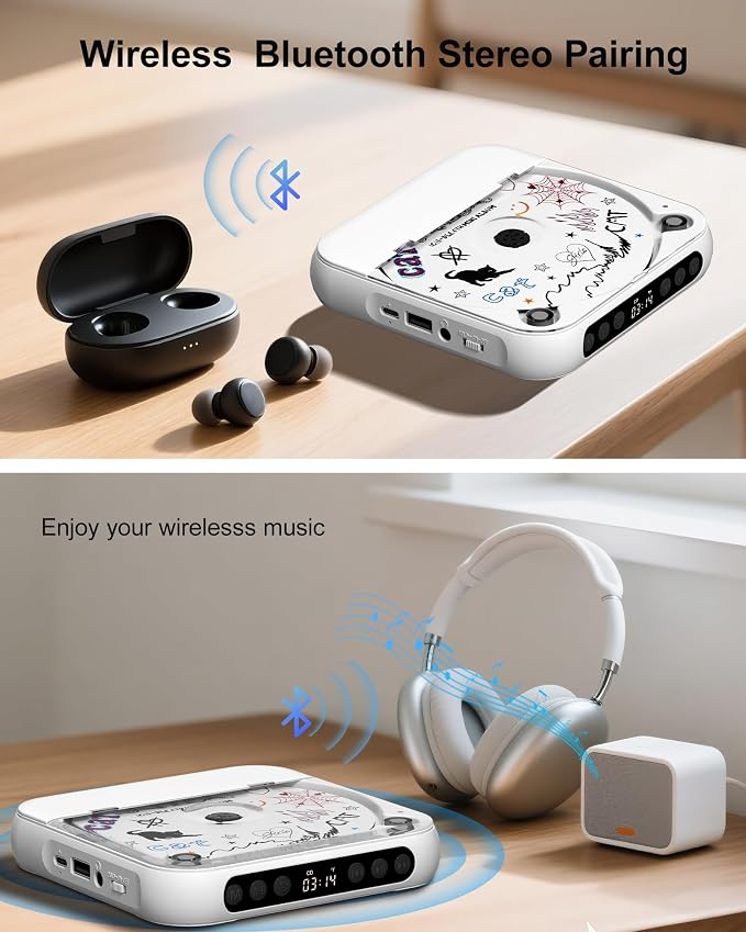 ENVYCLOUD CD Player Portable with Dual Stereo Speakers, Rechargeable Portable Player with Bluetooth for Home with Headphones, Support CD/AUX/USB,White