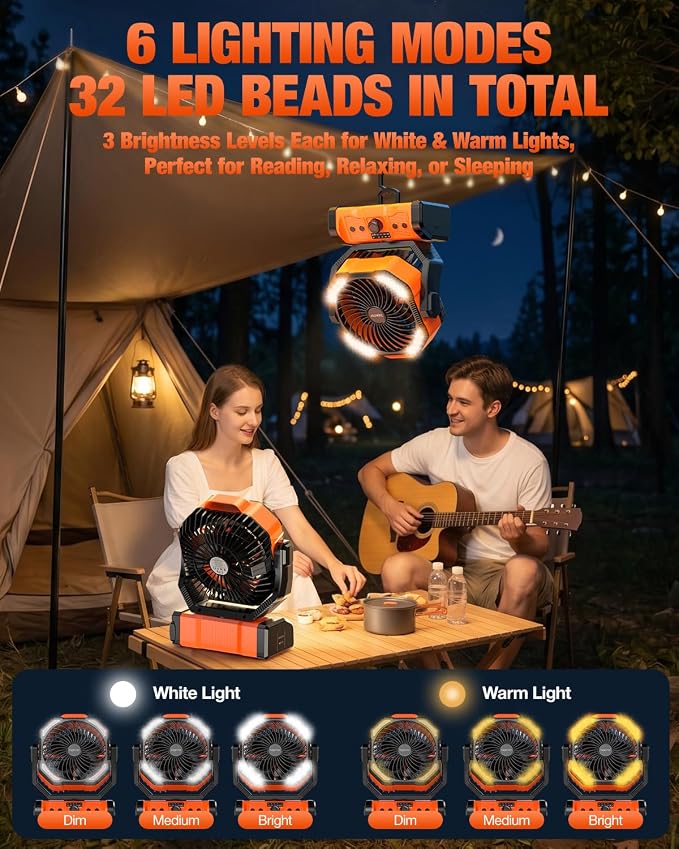 kejector Camping Fan 24000mAh Rechargeable Battery- Dual Motor & 8 Blades, Step-less Speed, Remote & Timer, Auto Swivel, 6 LED Light Modes, Hanging/Stand Anti‑Drop for Outdoor, Camping, Tent, Home