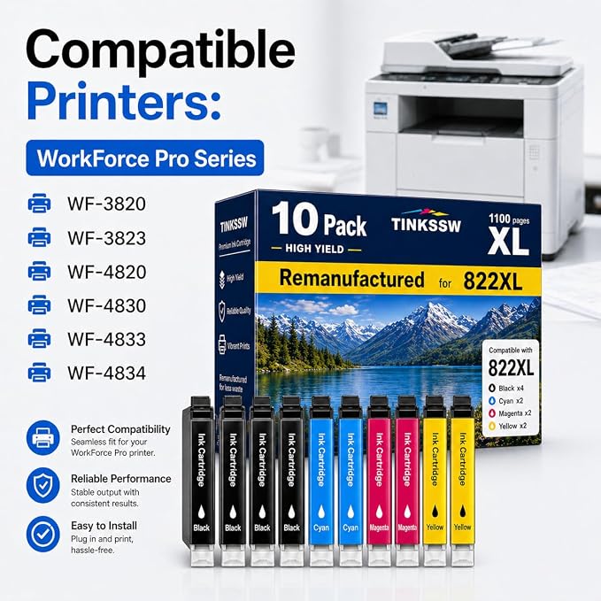 Remanufactured for Epson 822XL Ink Cartridges Replacement for 822 XL for Workforce Pro WF-3820 WF-3823 WF-4820 WF-4830 WF-4833 WF-4834 Printer 10 Pack