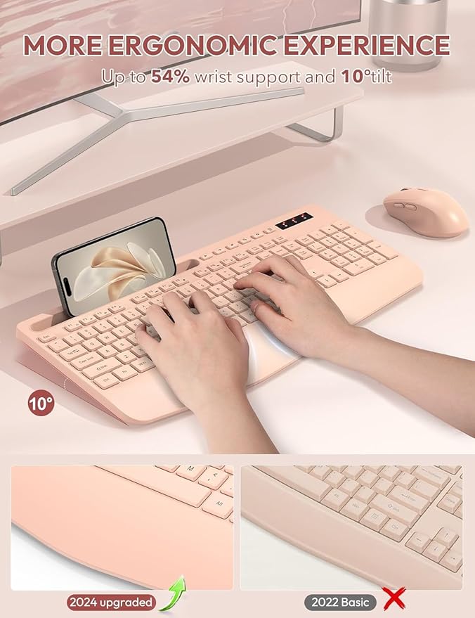 SABLUTE Wireless Keyboard and Mouse, Wrist Rest, Phone Holder, Batteries Included, 2.4G Lag-Free Ergonomic Keyboards Mouse Combo, Silent Cordless Set for Computer, Laptop, Mac, Windows (No Backlit)
