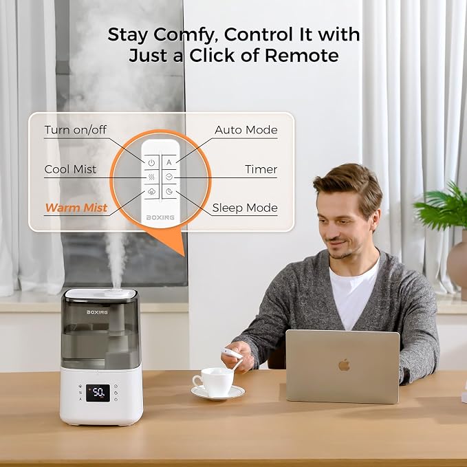 BOXING 4.5L Warm and Cool Mist Ultrasonic Humidifier for Bedroom Large Room, Top Fill Essential Oil Diffuser with Remote, Auto Shut-Off Quiet Sleep Mode, Humidistat, Timer, BPA-Free, 45H Runtime