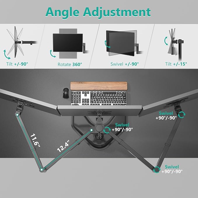 WALI Triple Monitor Stand, Free Standing Three LCD Monitor Fully Adjustable Desk Mount Fits 3 Screens up to 27 inch, 22 lbs Weight Capacity per Arm (MF003), Black