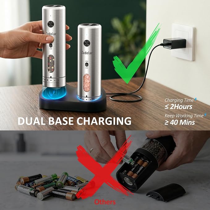 Zadelar Electric Salt and Pepper Grinder Set with Charging Base, Rechargeable Pepper Mill with 6-Level Visible Coarseness Adjustment, High/Low Variable Speeds, Stainless Steel, One-Handed Operation