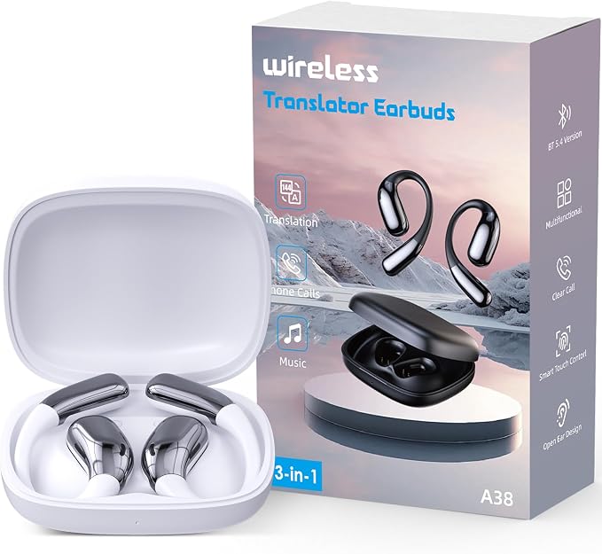 AI Language Translator Earbuds, Translation Earbuds Real Time, 3-in-1 Earbud Translator 144 Languages & Accents, Translation Headphones Fit iOS & Android for Travel Business Learning (A38 White)