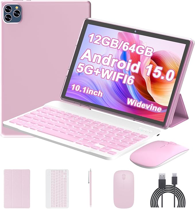 Android 15 Tablet 10 Inch, 12(3+9) GB RAM+64GB ROM, 2 in 1 Tablets with Keyboard Case Mouse Stylus, 1.8GHz Five-core Processor, 1280 * 800 IPS HD Screen, 5G WiFi6 BT 5.3 Tableta PC(Pink)