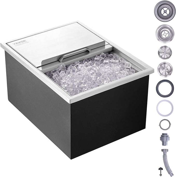 VEVOR Drop in Ice Chest, 24"L x 18"W x 13"H Stainless Steel Ice Cooler, Commercial Ice Bin with Sliding Cover, 40.9 qt Outdoor Kitchen Ice Bar, Drain-pipe and Drain Plug Included, for Cold Wine Beer