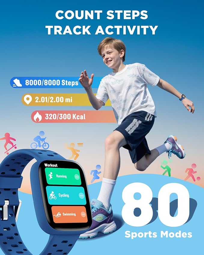 BIGGERFIVE Kids Watch No Phone Needed, 1.8" Amoled Smart Fitness Watch Pedometer, Heart Rate, Sleep Tracker, 30m Waterproof, Step Counter, Puzzle Games, 100+ Dials, Gifts for Boys Girls 5-16, Blue