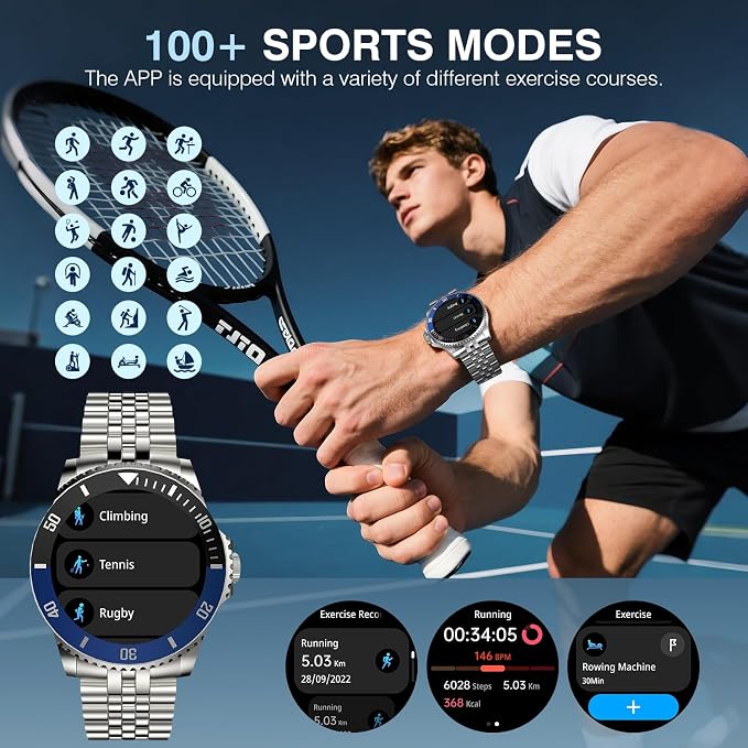 GPT Smart Watch for Men, 24/7 Heart Rate, Blood Pressure, Blood Oxygen, Sleep Monitor, 107 Sports Modes, 1.19-inch AMOLED Display, Waterproof Round Watch, Compatible Android and iOS, 44mm Silver Blue