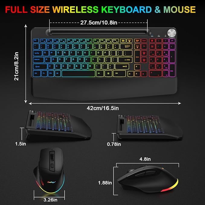 BlueFinger Wireless Keyboard and Mouse Combo Backlit, 2.4G Rechargeable Ergonomic Gaming Keyboard with Wrist Rest, Phone Holder, Volume Knob, Silent Light Up Keyboard with Mouse for Computer Laptop
