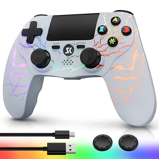 Kujian Wireless Controller for PS4 with RGB, Gaming Remote for PS4 with1000mAh Battery/Dual Shock/6-Axis Gyro/3.5mm Audio Jack/Speaker, Gaming Controller for Playstation 4/PS3(White)