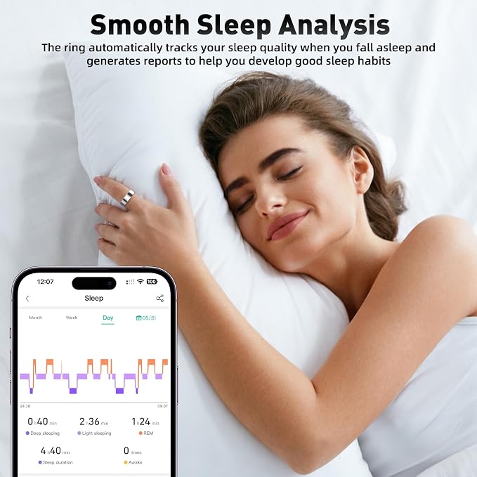 Smart Ring with Sleep Monitoring, Step Counting, Heart Rate for iPhone and Android, No Subscription Fee, IP68 Waterproof Health Tracker (Blue, 8) (Silver, 8)