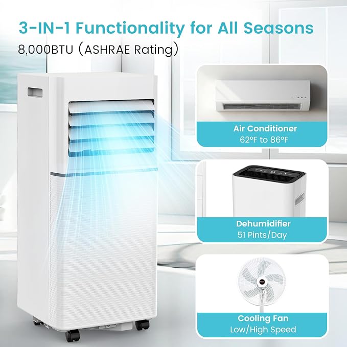 Electactic 8000 BTU Portable Air Conditioner, 4-in-1 AC Unit with Dehumidifier Fan LED Display, Remote Control, Quiet, Sleep Mode, 360° Casters, Window Kit for Room Office Apartment