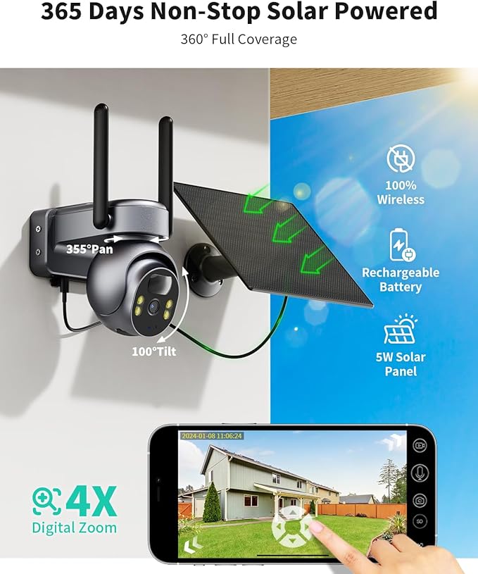 LIWAN No WiFi Security Camera, 4G LTE Cellular Security Camera, 2K Outdoor | Solar Powered Camera for Off-Grid Areas without WiFi, Built in SIM Card, Color Night Vision, PIR Motion Detection, 2 Way Talk