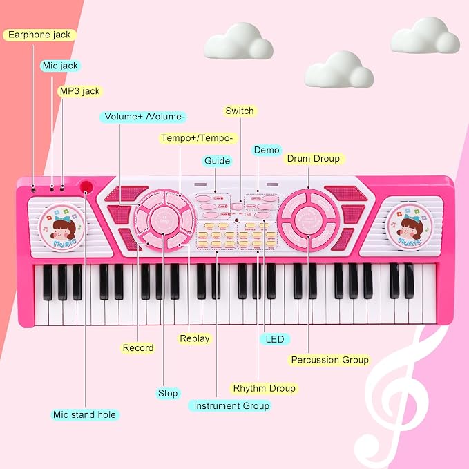 M SANMERSEN Kids Piano Keyboard 49 Keys, Electronic Toy Keyboard Piano with Microphone & Headphone for Beginners Multifunctional Musical Instruments Learning Pianos Keyboards Kid Gifts for Girls, Pink