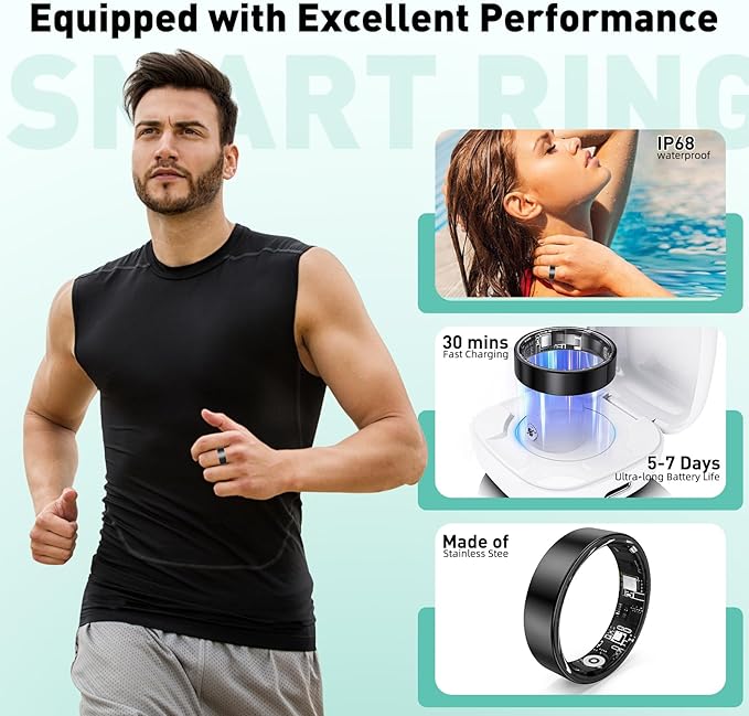 Smart Ring with Sleep Monitoring, Step Counting, Heart Rate for iPhone and Android, No Subscription Fee, IP68 Waterproof Health Tracker (Blue, 8) (Rose Gold, 1)