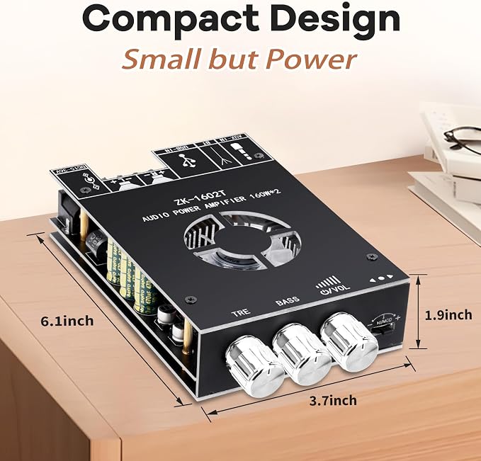 Daakro ZK-1602T Bluetooth Amplifier Board,160W+160W 2.0 Channel Amp Board with Treble and Bass Control,DC 15-36V, Bluetooth and AUX Inputs, Audio Amp Board for Home DIY Wireless Speaker, Password Free