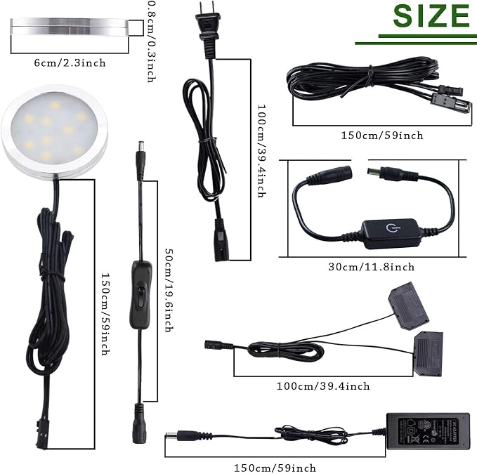 AIBOO LED Under Cabinet Lighting, 12V Counter Lights, Touch Dimming Puck Lights, Hardwired or Plug in With UL Listed Adapter, Updated Home Accent Light, 24W (12 Lights Daylight White)