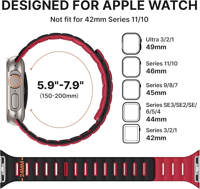 Bandletic Reversible Magnetic Straps Compatible with Apple Watch Bands 49mm/46mm/45mm/44mm/42mm(3/2/1) Men, Silicone Comfortable Strong Magnet for iWatch Series 11 10 Ultra SE3 9 8 7 6 5 4,Black Red