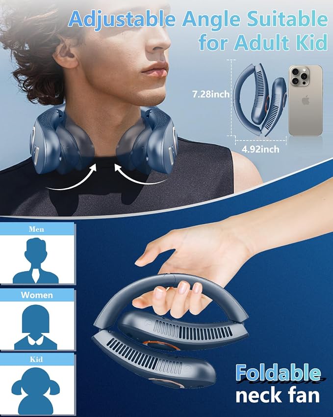 Neck Fan with Mist Spray, Bladeless Fans that Blow Cold Air, 5 Speeds, 2 Mist Modes, USB-C Rechargeable, LED Battery & Wind Display, Folding for Outdoor Travel Work, Women Men Kids Gifts (Blue)