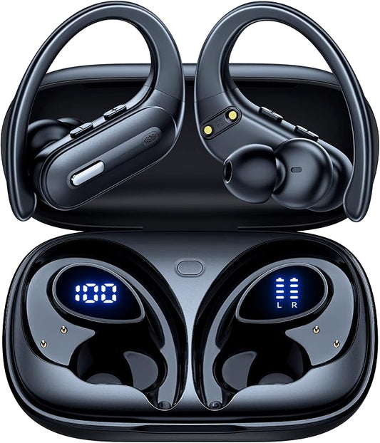 Active Noise Cancelling Wireless Earbuds Bluetooth Headphones 90 Hrs Playtime Ear Buds with Hi-Res Stereo Deep Bass Power Display Earphones with Earhooks Waterproof Transparency Headset Sports/Running