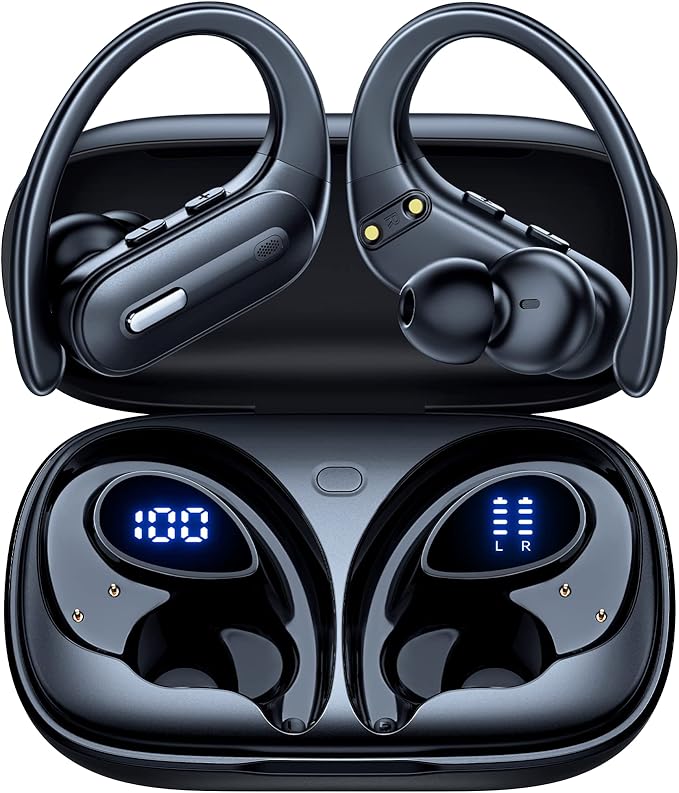 GNMN Active Noise Cancelling Wireless Earbuds Bluetooth Headphones 90 Hrs Playtime Ear Buds with Power Display Over-Ear Earphones with Earhooks IPX7 Waterproof Stereo Headset for (Black)
