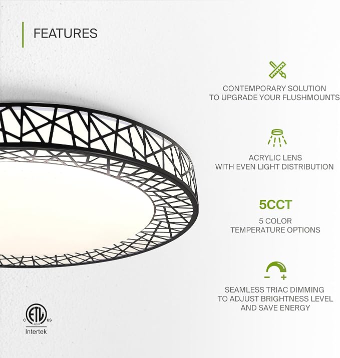 ASD 18 Inch LED Flush Mount Ceiling Light Fixture for Bedroom, 35W 1992LM 5CCT 2700K-5000K, Triac Dimmable Lights, Dining, Living Room, Kitchen Lamps, Modern Home Lighting Fixtures, Black, ETL
