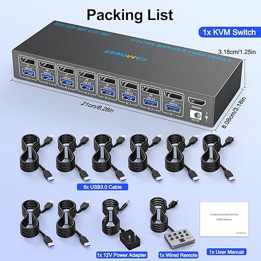 8 Port Displayport KVM Switch 4K@60Hz EDID Simulation, USB3.0 KVM Switch Displayport for 8 Computers Share 1 Monitor and 4 USB Devices,KVM Switches with Audio RS232 Wied Remote 12V Power and USB Cable