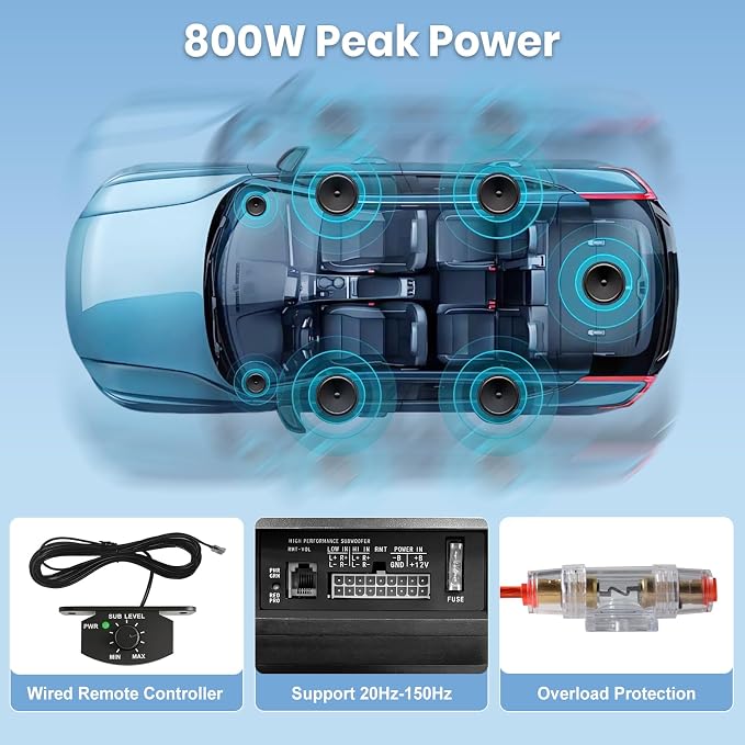 Junsun 800W Powered 12" Spare Tire Car Subwoofer with Built-in Amp & Remote - Anti-Theft Hidden Design, Deep Bass, Easy Plug & Play Install for Most Vehicles (Includes Wire Kit)