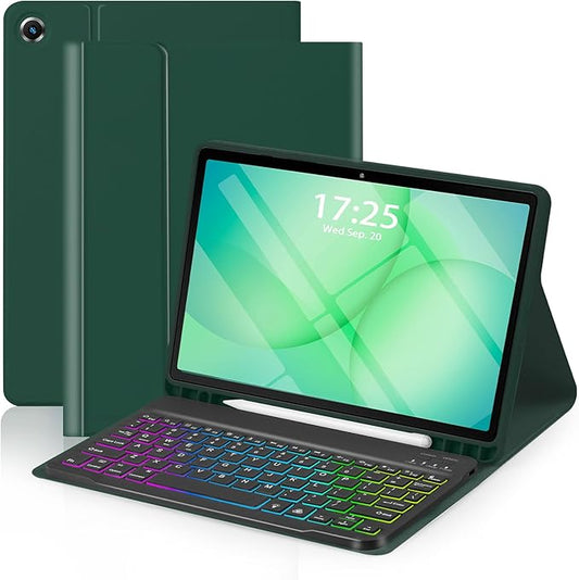 EAMPANG Case with Keyboard for Samsung Galaxy Tab A9 Plus 11 inch (SM-X210/X215/X216/X218),7 Color Backlight Detachable USB-C Keypad Magnetic Case with Pen Slot for Tablet A9+ 5G Midnight Green