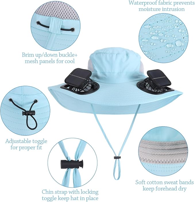 Outdoor Solar Powered Fan Hat for Men Women Breathable Wide Brim Hat with 2 Fans UPF 50+ Fishing Hat Beach Bucket Sun Hat