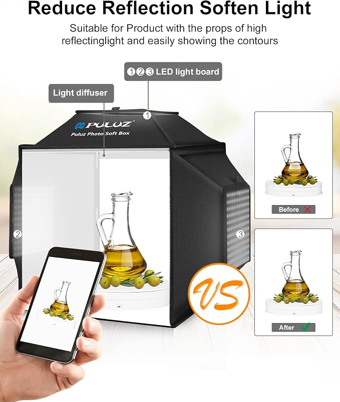 PULUZ Upgrade Light Box & Soft Box, 16"x16" Professional Shooting Tent with 480 LED Lights Photo Studio Light Box Photography with 4 Color PVC Backdrops for Jewelry and Product Photography