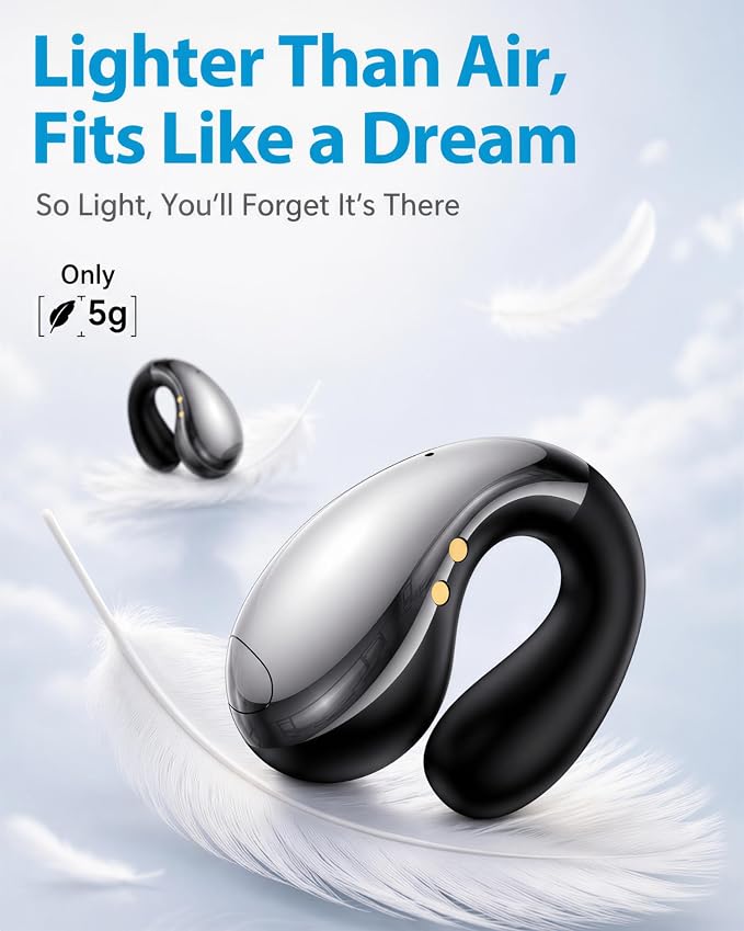 Boytond Ultra Open Ear Earbuds - Comfortable Clip-On Bone Conduction Earbuds, Over-The-Ear Open Headphones with Waterproof Build for Running, Gym Workouts, and Outdoor Sports, Lustre Black