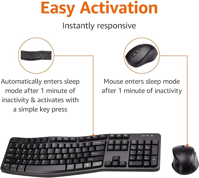 Amazon Basics Ergonomic Wireless Keyboard and Mouse Combo with Wrist Rest, Plug and Play, 2.4 GHz USB, Easy to Use, Black
