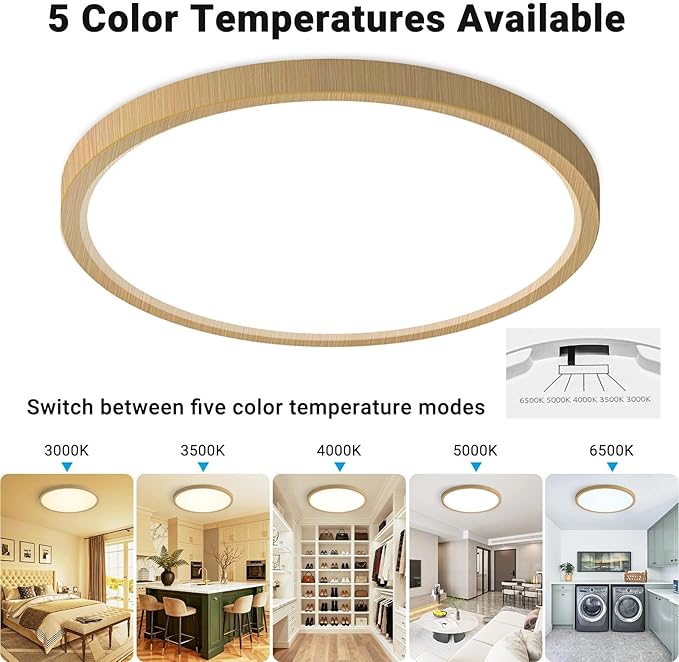 2 Pack LED Flush Mount Ceiling Light,12Inch 24W,3000K/3500K/4000K/5000K/6500K 5 Color Temperatures Ceiling Light Fixture for Kitchen Porch Hallway Bedroom Bathroom and Closet,Wood