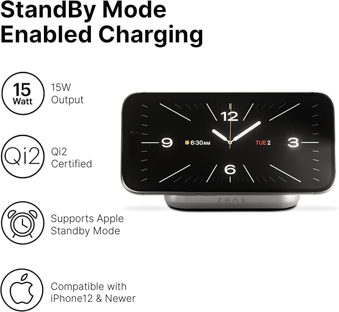 Zens Magnetic Nightstand Charger | MagSafe Qi2 15W | Landscape Only (No Vertical) | Standby Mode | Compatible with iPhone 17/16/15/14/13/12 | 20W Adapter Included | White