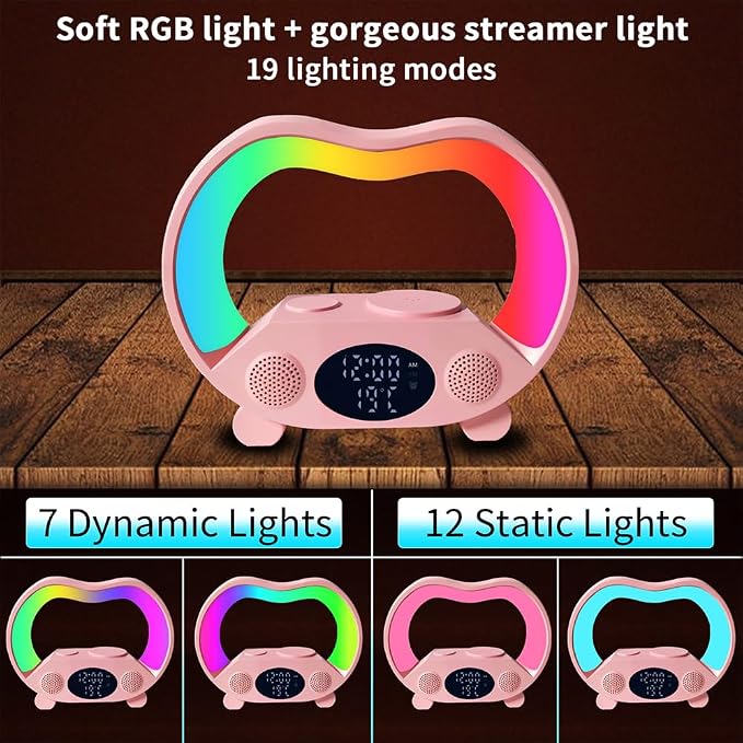 IHAO 6in1 Multi Functional Wireless Charger Bluetooth Speaker Time&Temperature Display Alarm Clock 7-Color LED Night Lights Fast Charger for Phone Apple Watch Earbuds Remote Control-Black