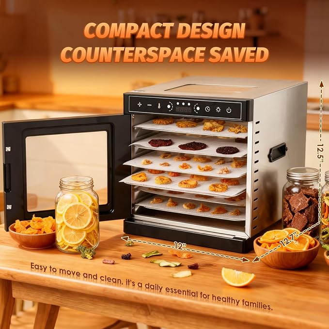 Food Dehydrator Machine 6 Stainless Steel Trays with 194°F Max Digital Contral, 400W Electric Food Dryer with Dual-View Windows Design, Fruit& Meat Dehydrator for Jerky Vegetables Dog Treats