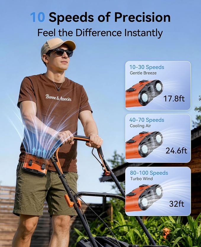 KIMMOO Dual-Motor Rechargeable Waist Fan with Ice Cooling, 25000 RPM High-Speed Neck Belt Clip-on Fan with 10 Gears, LED Display & Flashlight, Hands-Free Personal Fan for Work Outdoor Travel, Orange
