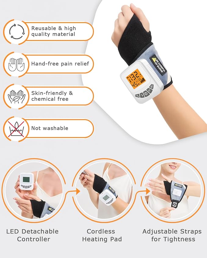 Cordless Wrist Heating Pad for Arthritis and Carpal Tunnel Relief, 5000mAh Battery Wrist Massager, 3-Level Vibration Massage, 104-140°F Adjustable Temp, 30/45/60Mins Timer, Type-C Cable & Storage Bag