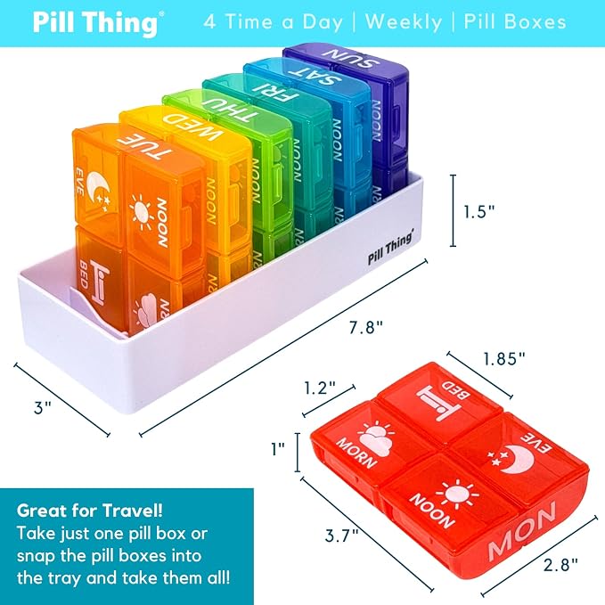 4 Times a Day, 7 Day Large Weekly Pill Organizer with Holder Tray, Vitamin, Medicine Box, Multicolor with Medical Alert Card (4X a Day - 2 Pack)