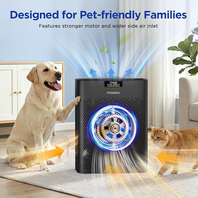 Air Purifier for Home Bedroom Large Room 2200 Ft², MOOKA H13 HEPA Air Cleaner with Washable Pre-filter, Air Quality Monitor, Air Purifiers for Pets Hair Smoke Dust Pollen, Auto Mode, KJ190H Black