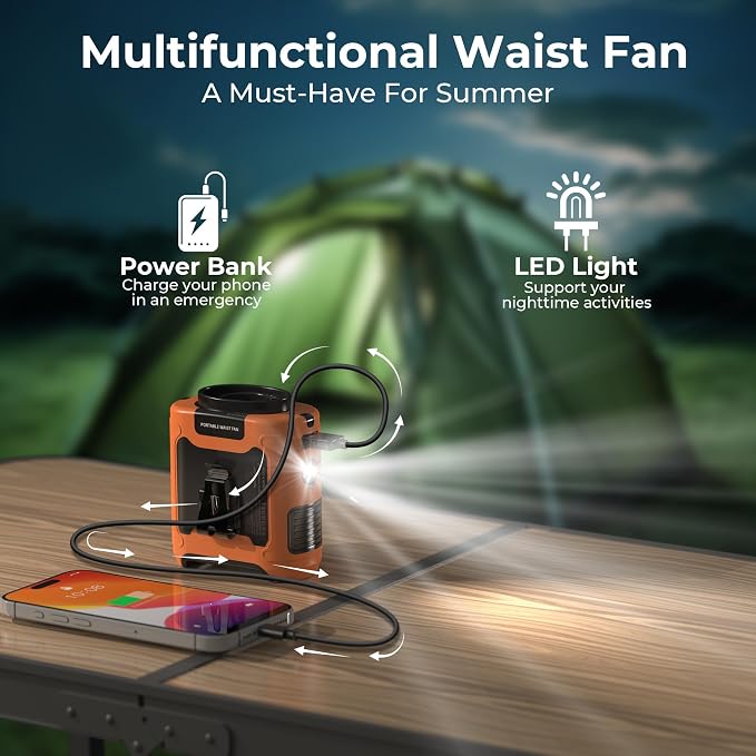 Portable Waist Fan, Father Day Gifts for Husband Dad, Blue Collar Worker Belt Clip Fan with Light, Essentials for Camping Gardening, 40H 16000RPM Rechargeable Cooling Gadgets for Men 2026