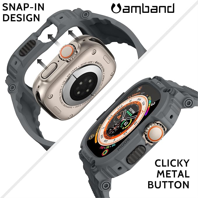 amBand Bands Case Screen Protector Compatible with Apple Watch Ultra 3/2/1 49mm, M1 Sport Series Rugged Cover Strap and 9H Tempered Glass Film, Protective Bumper for iWatch 49 mm Men Gray