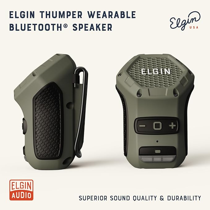 Elgin Thumper Mini Wearable Bluetooth Speaker, 35-Hour Battery Life, 50 ft Wireless Range, Water-Resistant, Magnetic Mount & Clip-On Design with LED Work Light for Jobsite, Outdoor & Everyday Use
