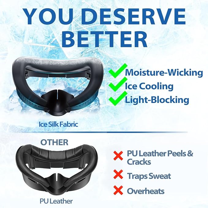 DESTEK Cooling Face Pad for Meta Quest 3 (NOT 3S), Stop PU Leather Overheating, 2 Replacement with Ice Gel & Breathable Ice Silk Cushions. Feels Like Cooling Arm Sleeves for Your Face.