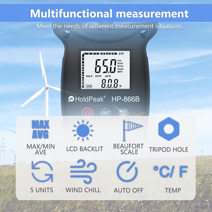 [2 PCS] HoldPeak 866B Handheld Anemometer, Digital Wind Speed Gauge Meter, Air Flow Velocity Temperature CFM Measuring Device for HVAC Outdoor Sailing Shooting Golf