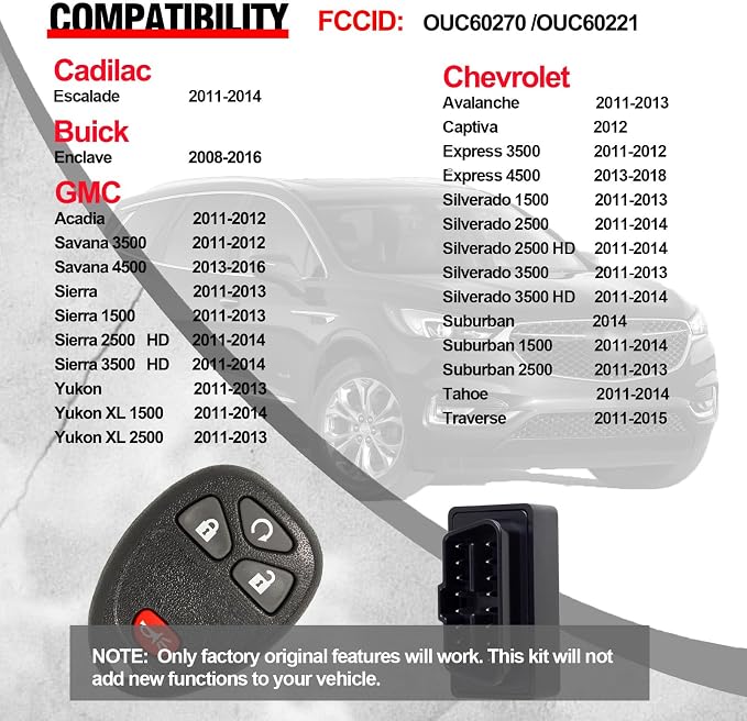 Keyless Entry Remote Kit for Chevy Silverado Avalanche Equinox Express Traverse GMC Yukon Sierra 1500 2500 3500 HD Acadia Savana Buick Enclave(OUC60270 OUC60221)