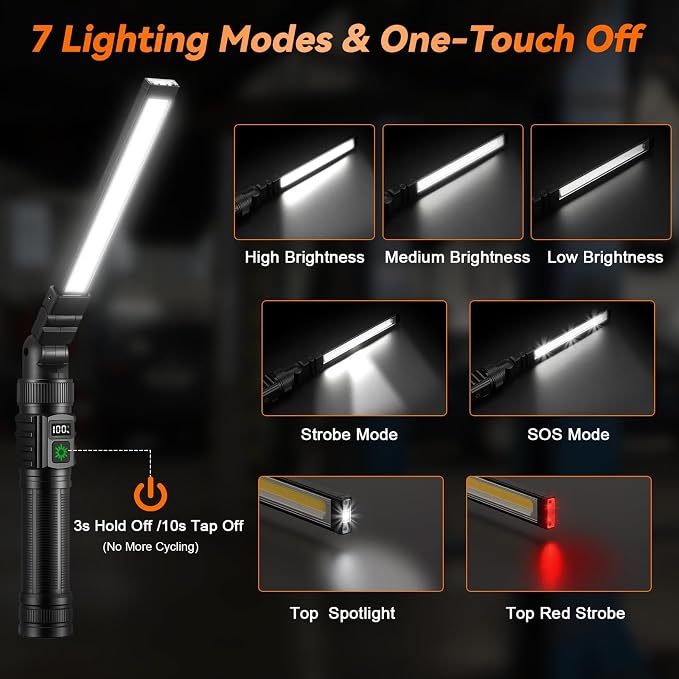 4Pack Magnetic Rechargeable LED Work Light/Flashlight for Mechanics | All Aluminum, 1500 High Lumens, Digital Display, 7 Modes, 360° Rotation, for Car Repairing, Emergency, Gifts for Father
