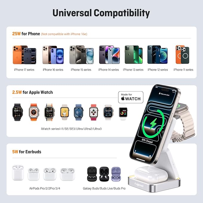 25W 3-in-1 Charging Station for Apple Device, Foldable Magnetic Wireless Charger, Fast Travel Charging Stand Compatible with Magsafe for iPhone17/16/15/14/13/12 Series, Apple Watch/AirPods